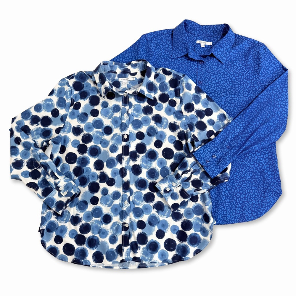 Chico's No Iron Button-up Shirt Bundle Blue Jacquard Animal Circle Print Size 14